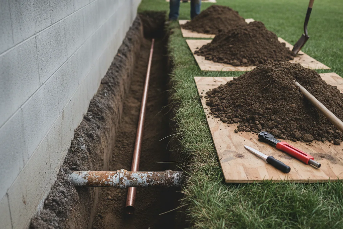 Excavated water line trench during Sewer Line Repair in Angelus Oaks
